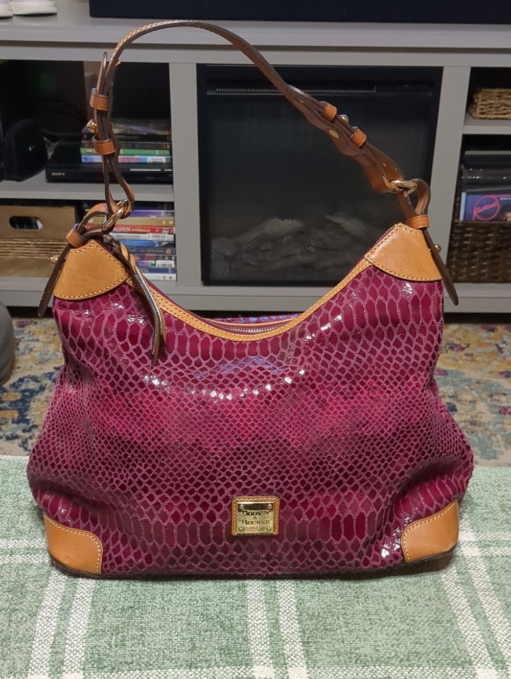 Dooney & Bourke Erica Snake-Embossed Hobo in Magenta with Tan Trim